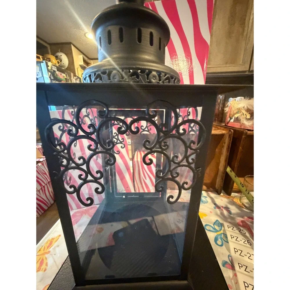 Pink Zebra Simmering Lights Lantern Black Metal Scrollwork Filigree